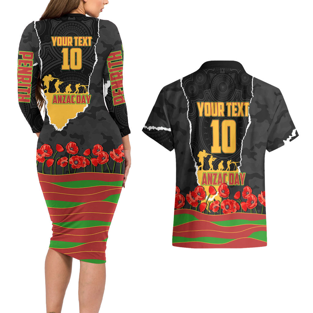 Personalized Penrith Panthers ANZAC Tribute Couples Matching Long Sleeve Bodycon Dress and Hawaiian Shirt Poppy Field Soldier Silhouette Aboriginal Rugby Mascot