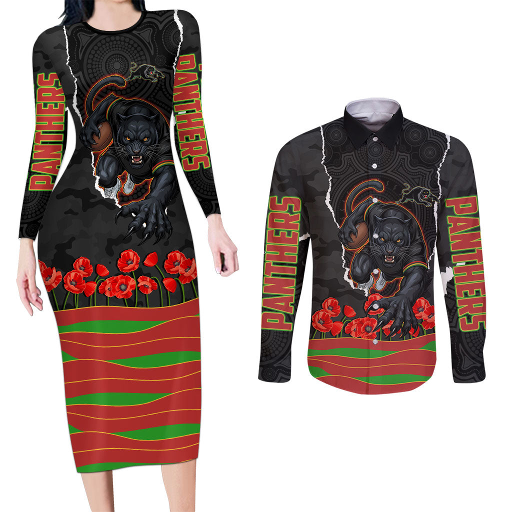 Personalized Penrith Panthers ANZAC Tribute Couples Matching Long Sleeve Bodycon Dress and Long Sleeve Button Shirt Poppy Field Soldier Silhouette Aboriginal Rugby Mascot