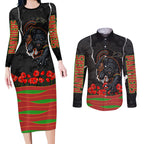 Personalized Penrith Panthers ANZAC Tribute Couples Matching Long Sleeve Bodycon Dress and Long Sleeve Button Shirt Poppy Field Soldier Silhouette Aboriginal Rugby Mascot