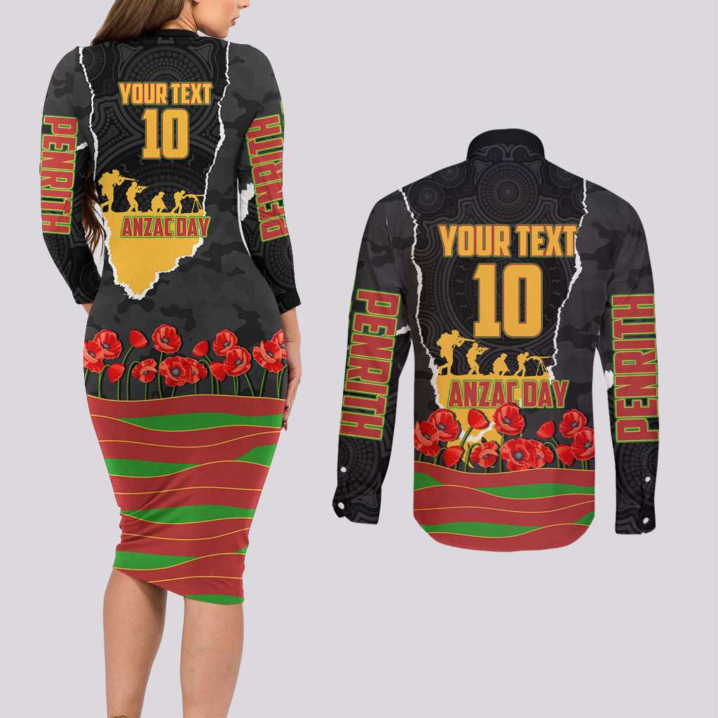 Personalized Penrith Panthers ANZAC Tribute Couples Matching Long Sleeve Bodycon Dress and Long Sleeve Button Shirt Poppy Field Soldier Silhouette Aboriginal Rugby Mascot