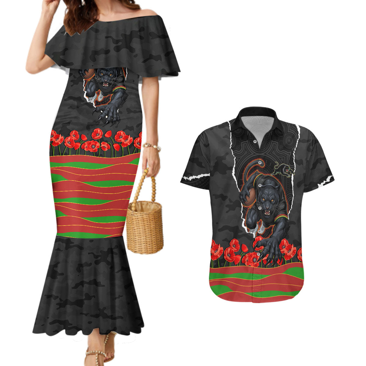 Personalized Penrith Panthers ANZAC Tribute Couples Matching Mermaid Dress and Hawaiian Shirt Poppy Field Soldier Silhouette Aboriginal Rugby Mascot
