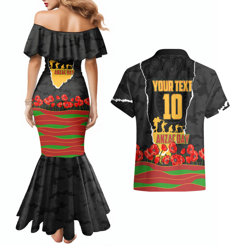 Personalized Penrith Panthers ANZAC Tribute Couples Matching Mermaid Dress and Hawaiian Shirt Poppy Field Soldier Silhouette Aboriginal Rugby Mascot