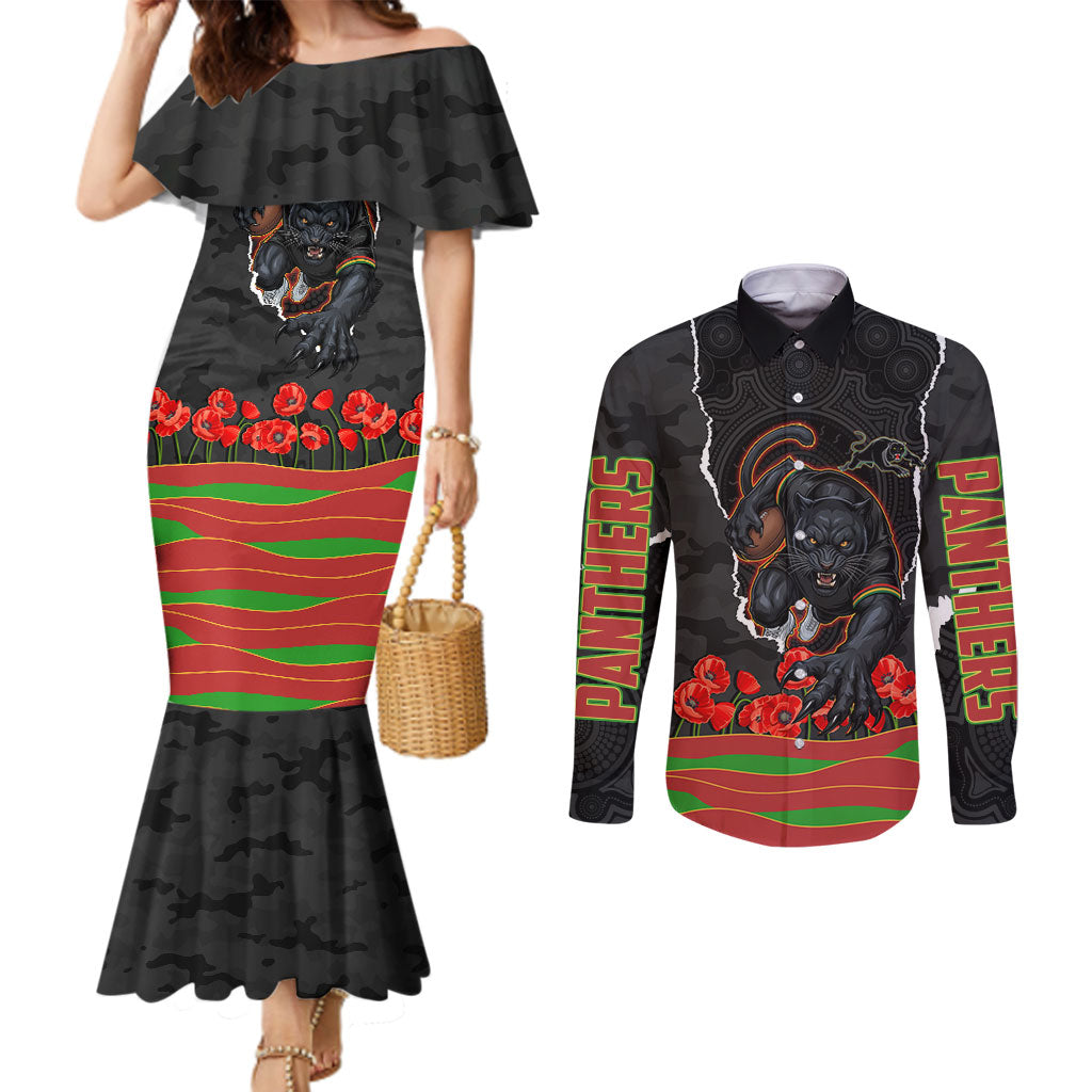Personalized Penrith Panthers ANZAC Tribute Couples Matching Mermaid Dress and Long Sleeve Button Shirt Poppy Field Soldier Silhouette Aboriginal Rugby Mascot
