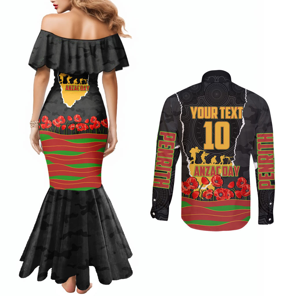 Personalized Penrith Panthers ANZAC Tribute Couples Matching Mermaid Dress and Long Sleeve Button Shirt Poppy Field Soldier Silhouette Aboriginal Rugby Mascot