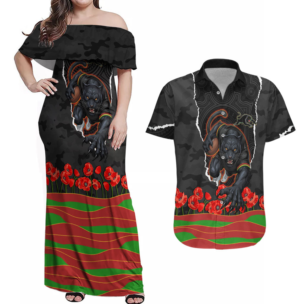 Personalized Penrith Panthers ANZAC Tribute Couples Matching Off Shoulder Maxi Dress and Hawaiian Shirt Poppy Field Soldier Silhouette Aboriginal Rugby Mascot