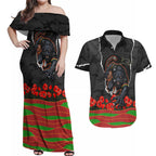 Personalized Penrith Panthers ANZAC Tribute Couples Matching Off Shoulder Maxi Dress and Hawaiian Shirt Poppy Field Soldier Silhouette Aboriginal Rugby Mascot