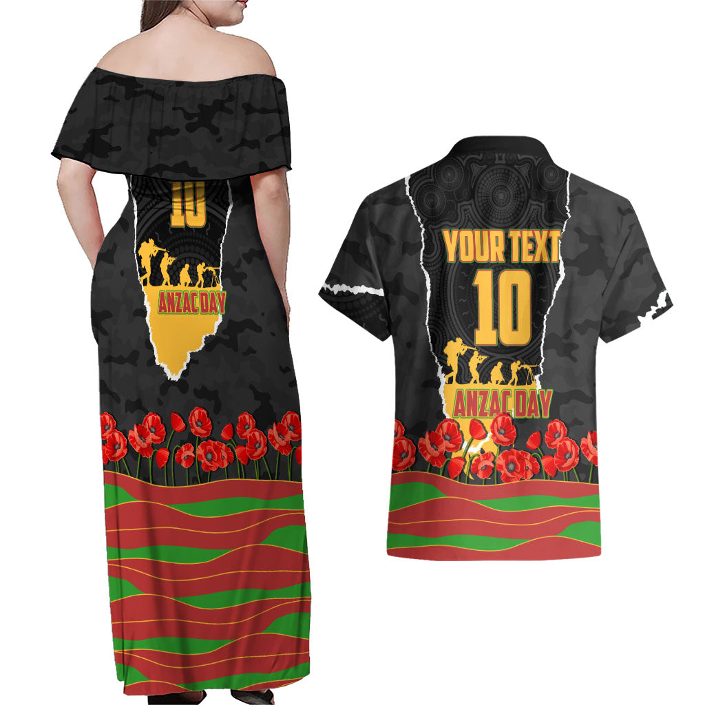 Personalized Penrith Panthers ANZAC Tribute Couples Matching Off Shoulder Maxi Dress and Hawaiian Shirt Poppy Field Soldier Silhouette Aboriginal Rugby Mascot