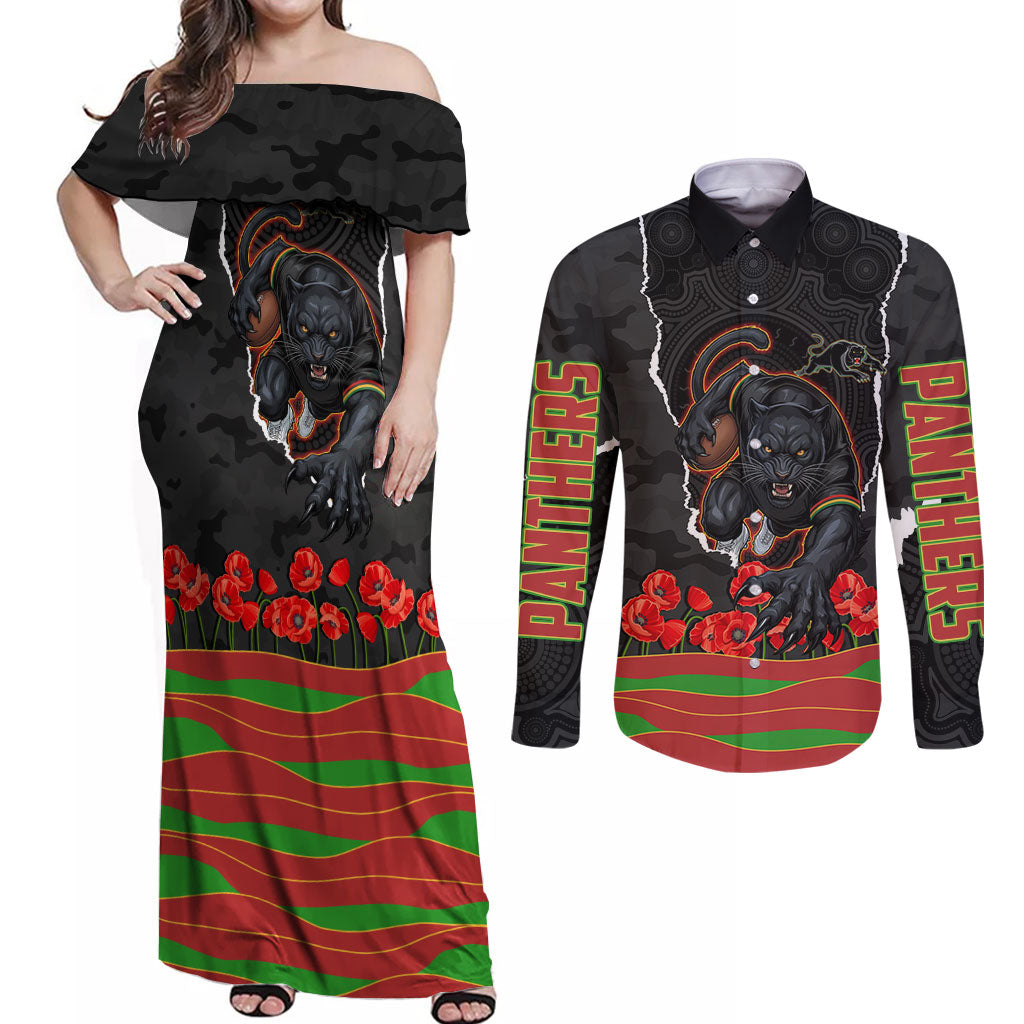 Personalized Penrith Panthers ANZAC Tribute Couples Matching Off Shoulder Maxi Dress and Long Sleeve Button Shirt Poppy Field Soldier Silhouette Aboriginal Rugby Mascot