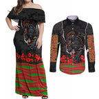 Personalized Penrith Panthers ANZAC Tribute Couples Matching Off Shoulder Maxi Dress and Long Sleeve Button Shirt Poppy Field Soldier Silhouette Aboriginal Rugby Mascot