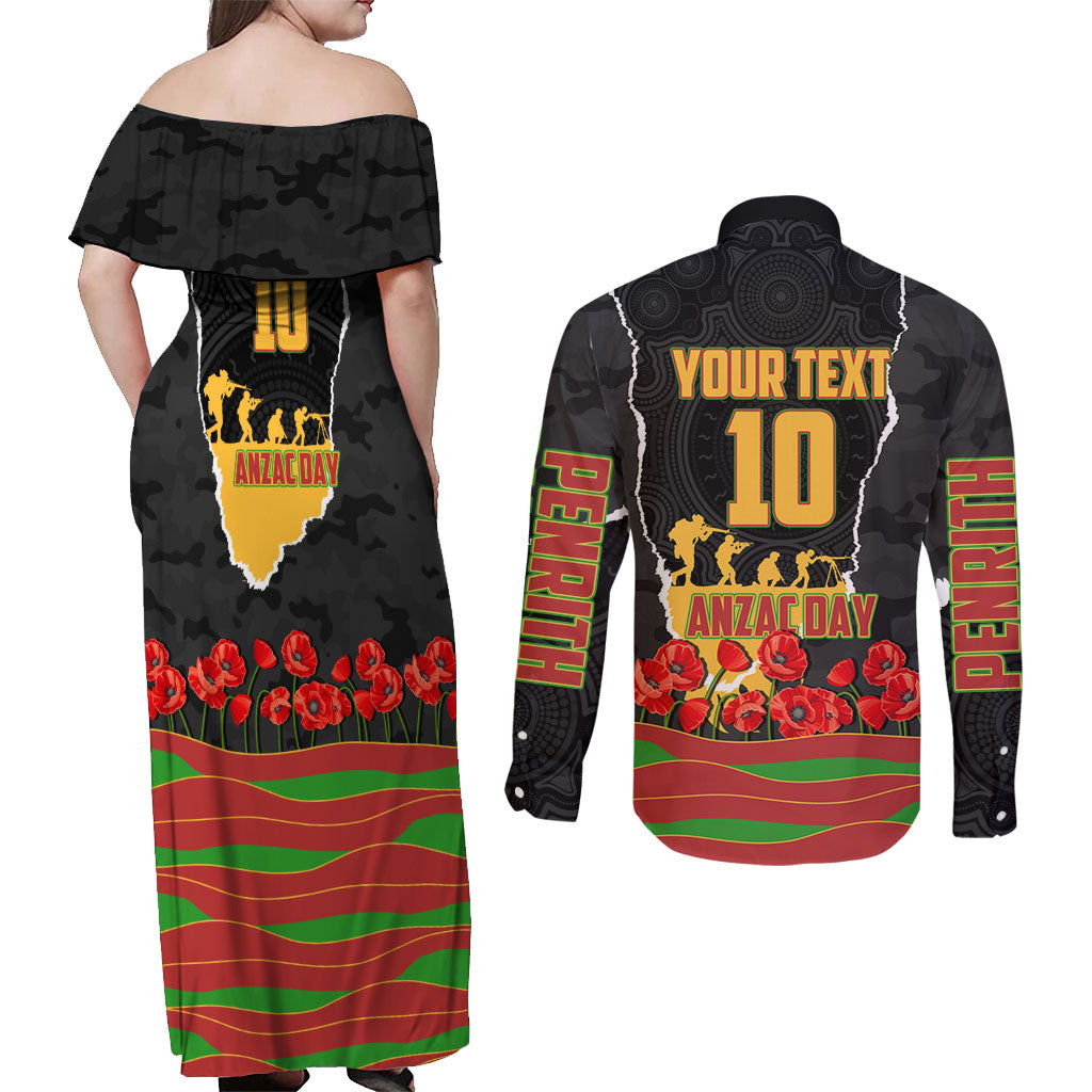 Personalized Penrith Panthers ANZAC Tribute Couples Matching Off Shoulder Maxi Dress and Long Sleeve Button Shirt Poppy Field Soldier Silhouette Aboriginal Rugby Mascot