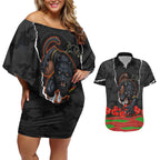 Personalized Penrith Panthers ANZAC Tribute Couples Matching Off Shoulder Short Dress and Hawaiian Shirt Poppy Field Soldier Silhouette Aboriginal Rugby Mascot