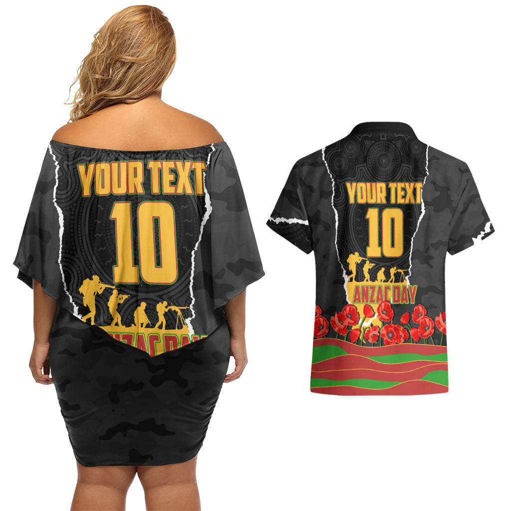 Personalized Penrith Panthers ANZAC Tribute Couples Matching Off Shoulder Short Dress and Hawaiian Shirt Poppy Field Soldier Silhouette Aboriginal Rugby Mascot