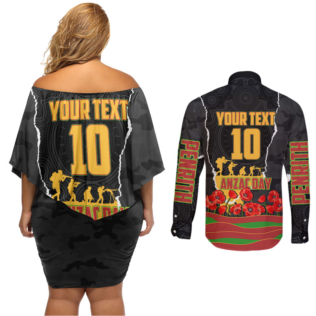 Personalized Penrith Panthers ANZAC Tribute Couples Matching Off Shoulder Short Dress and Long Sleeve Button Shirt Poppy Field Soldier Silhouette Aboriginal Rugby Mascot