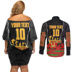 Personalized Penrith Panthers ANZAC Tribute Couples Matching Off Shoulder Short Dress and Long Sleeve Button Shirt Poppy Field Soldier Silhouette Aboriginal Rugby Mascot
