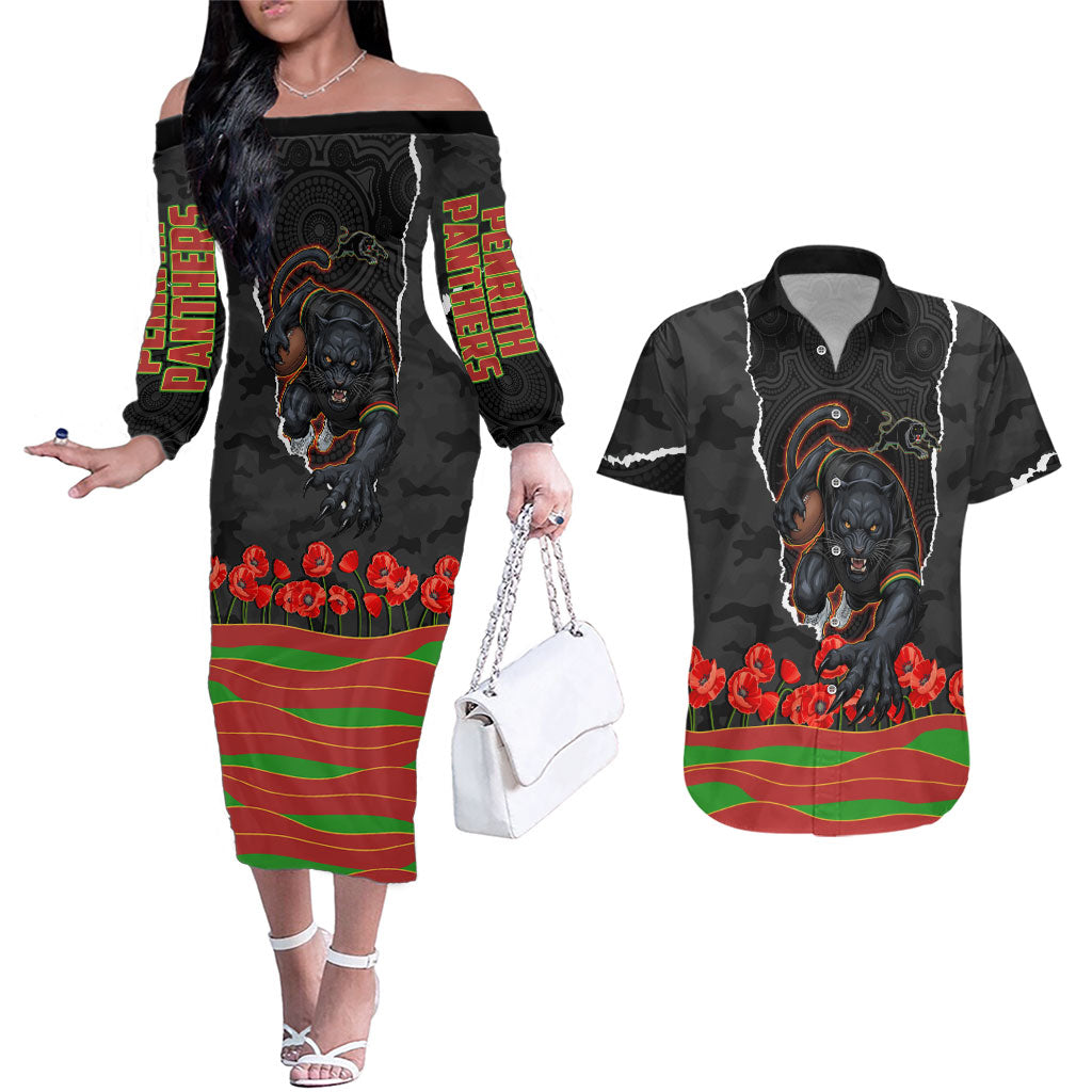 Personalized Penrith Panthers ANZAC Tribute Couples Matching Off The Shoulder Long Sleeve Dress and Hawaiian Shirt Poppy Field Soldier Silhouette Aboriginal Rugby Mascot