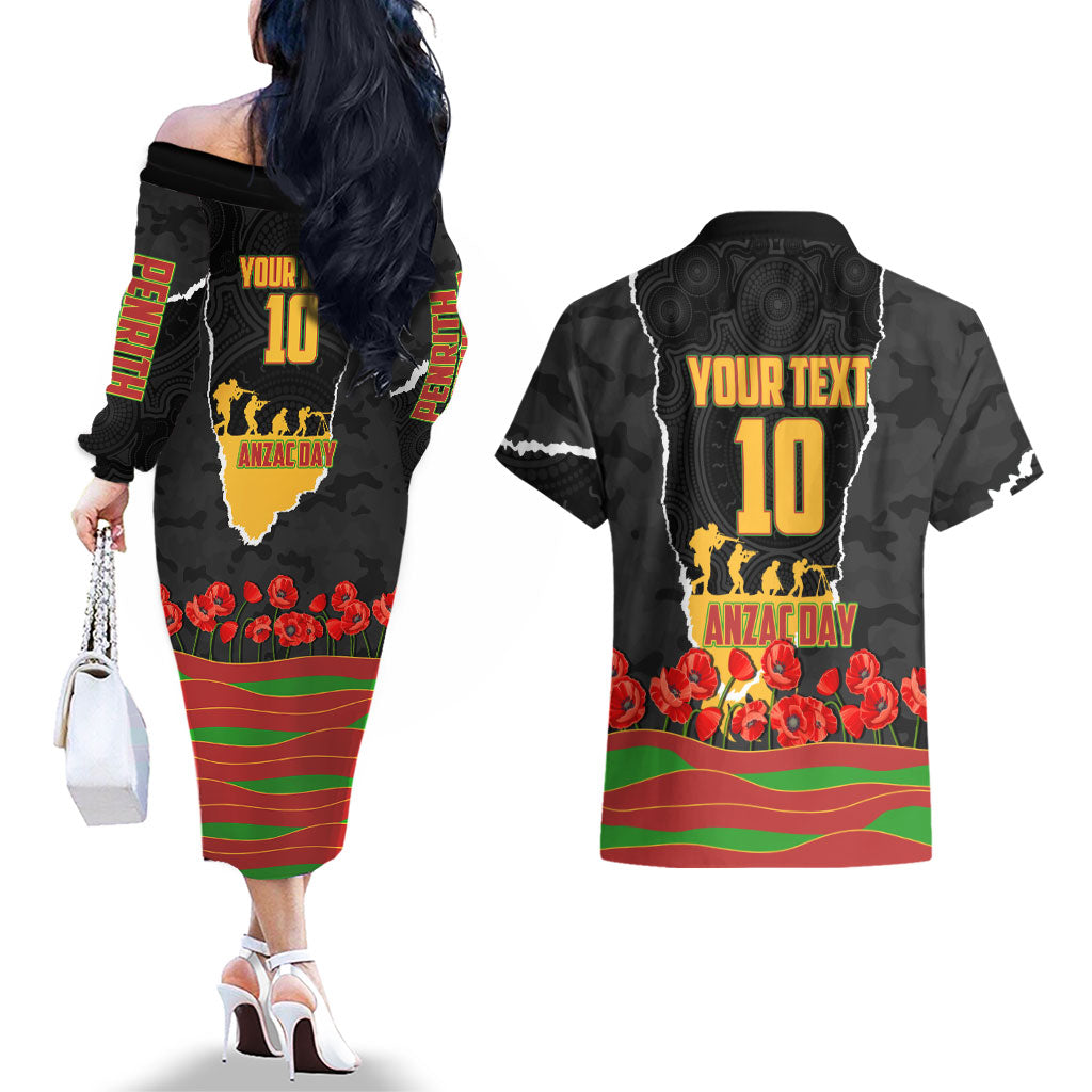 Personalized Penrith Panthers ANZAC Tribute Couples Matching Off The Shoulder Long Sleeve Dress and Hawaiian Shirt Poppy Field Soldier Silhouette Aboriginal Rugby Mascot