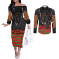 Personalized Penrith Panthers ANZAC Tribute Couples Matching Off The Shoulder Long Sleeve Dress and Long Sleeve Button Shirt Poppy Field Soldier Silhouette Aboriginal Rugby Mascot