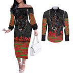 Personalized Penrith Panthers ANZAC Tribute Couples Matching Off The Shoulder Long Sleeve Dress and Long Sleeve Button Shirt Poppy Field Soldier Silhouette Aboriginal Rugby Mascot