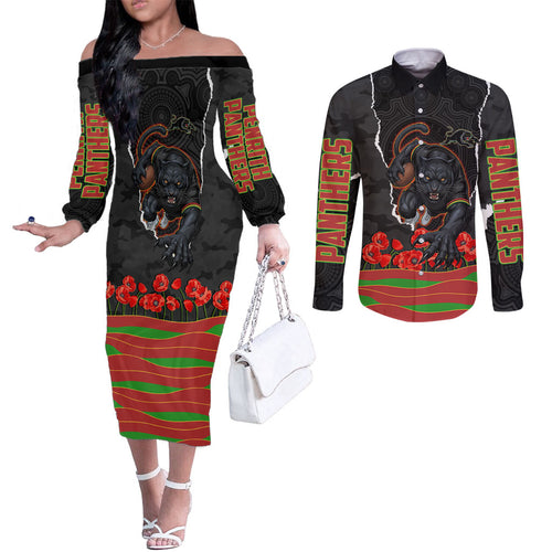 Personalized Penrith Panthers ANZAC Tribute Couples Matching Off The Shoulder Long Sleeve Dress and Long Sleeve Button Shirt Poppy Field Soldier Silhouette Aboriginal Rugby Mascot