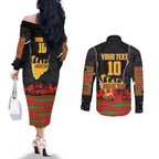 Personalized Penrith Panthers ANZAC Tribute Couples Matching Off The Shoulder Long Sleeve Dress and Long Sleeve Button Shirt Poppy Field Soldier Silhouette Aboriginal Rugby Mascot