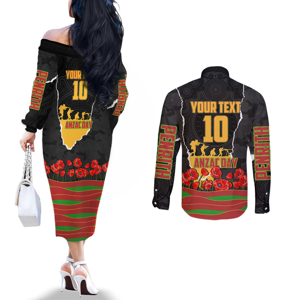 Personalized Penrith Panthers ANZAC Tribute Couples Matching Off The Shoulder Long Sleeve Dress and Long Sleeve Button Shirt Poppy Field Soldier Silhouette Aboriginal Rugby Mascot