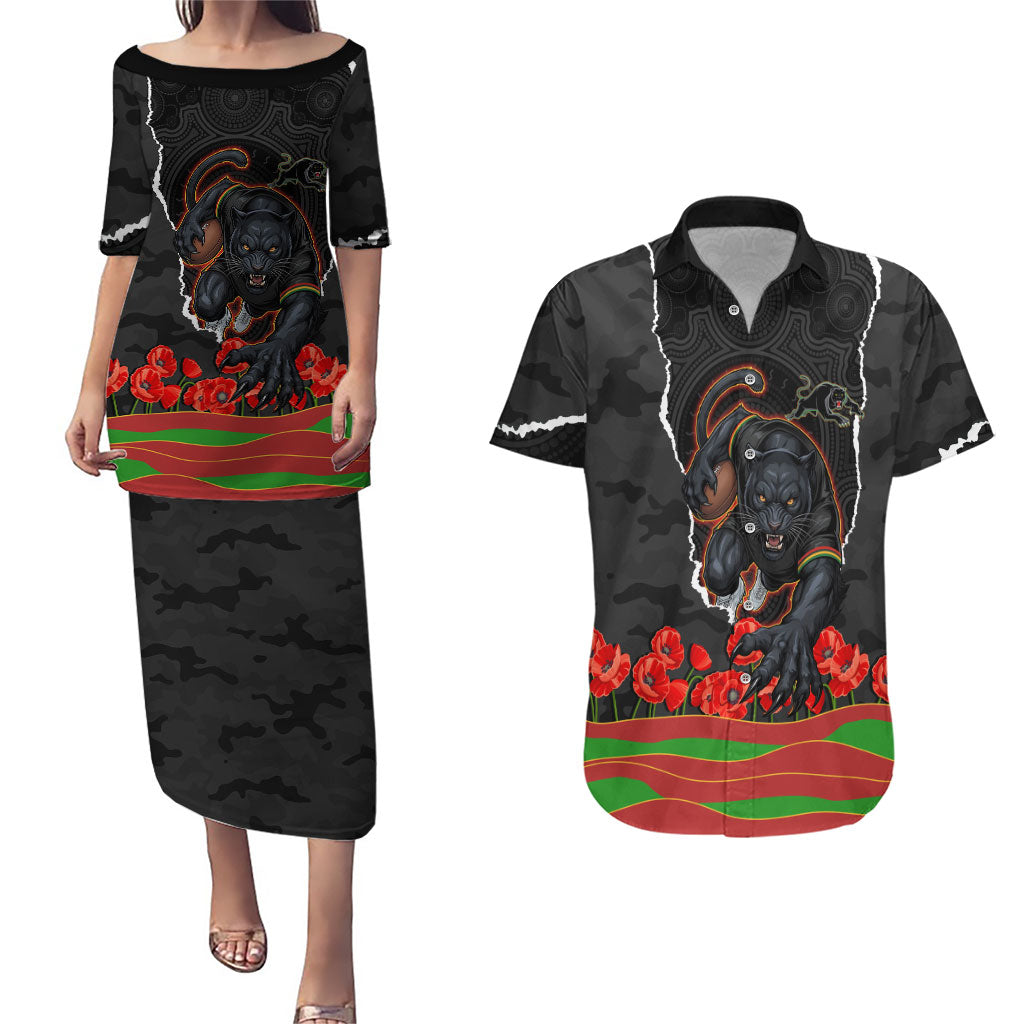Personalized Penrith Panthers ANZAC Tribute Couples Matching Puletasi and Hawaiian Shirt Poppy Field Soldier Silhouette Aboriginal Rugby Mascot