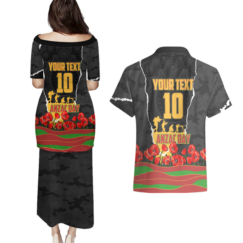 Personalized Penrith Panthers ANZAC Tribute Couples Matching Puletasi and Hawaiian Shirt Poppy Field Soldier Silhouette Aboriginal Rugby Mascot