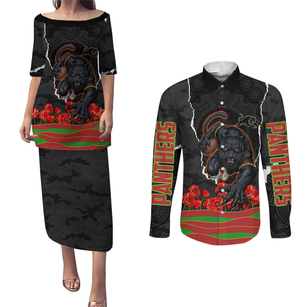 Personalized Penrith Panthers ANZAC Tribute Couples Matching Puletasi and Long Sleeve Button Shirt Poppy Field Soldier Silhouette Aboriginal Rugby Mascot