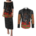 Personalized Penrith Panthers ANZAC Tribute Couples Matching Puletasi and Long Sleeve Button Shirt Poppy Field Soldier Silhouette Aboriginal Rugby Mascot