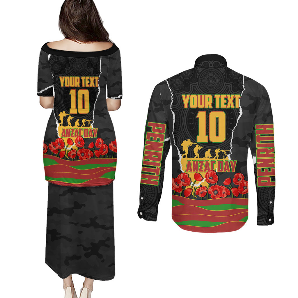 Personalized Penrith Panthers ANZAC Tribute Couples Matching Puletasi and Long Sleeve Button Shirt Poppy Field Soldier Silhouette Aboriginal Rugby Mascot