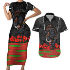 Personalized Penrith Panthers ANZAC Tribute Couples Matching Short Sleeve Bodycon Dress and Hawaiian Shirt Poppy Field Soldier Silhouette Aboriginal Rugby Mascot