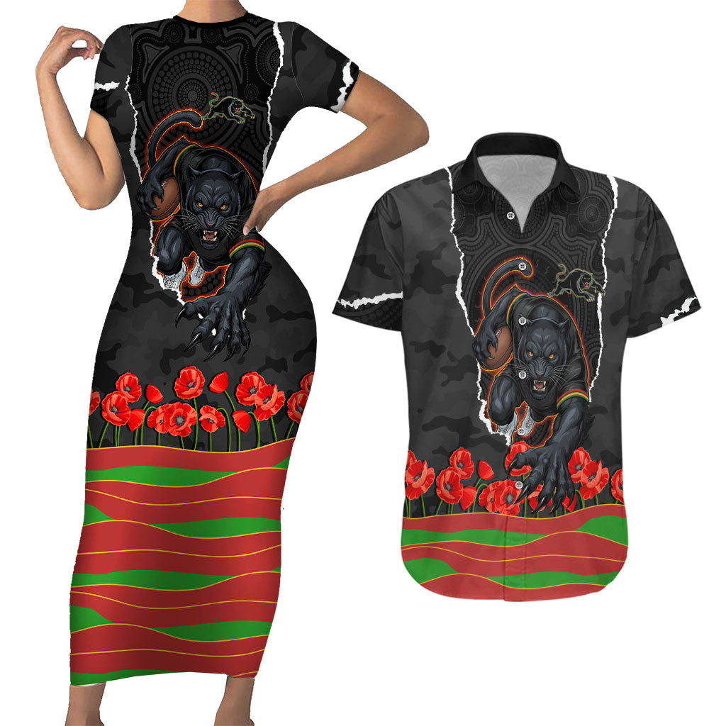 Personalized Penrith Panthers ANZAC Tribute Couples Matching Short Sleeve Bodycon Dress and Hawaiian Shirt Poppy Field Soldier Silhouette Aboriginal Rugby Mascot