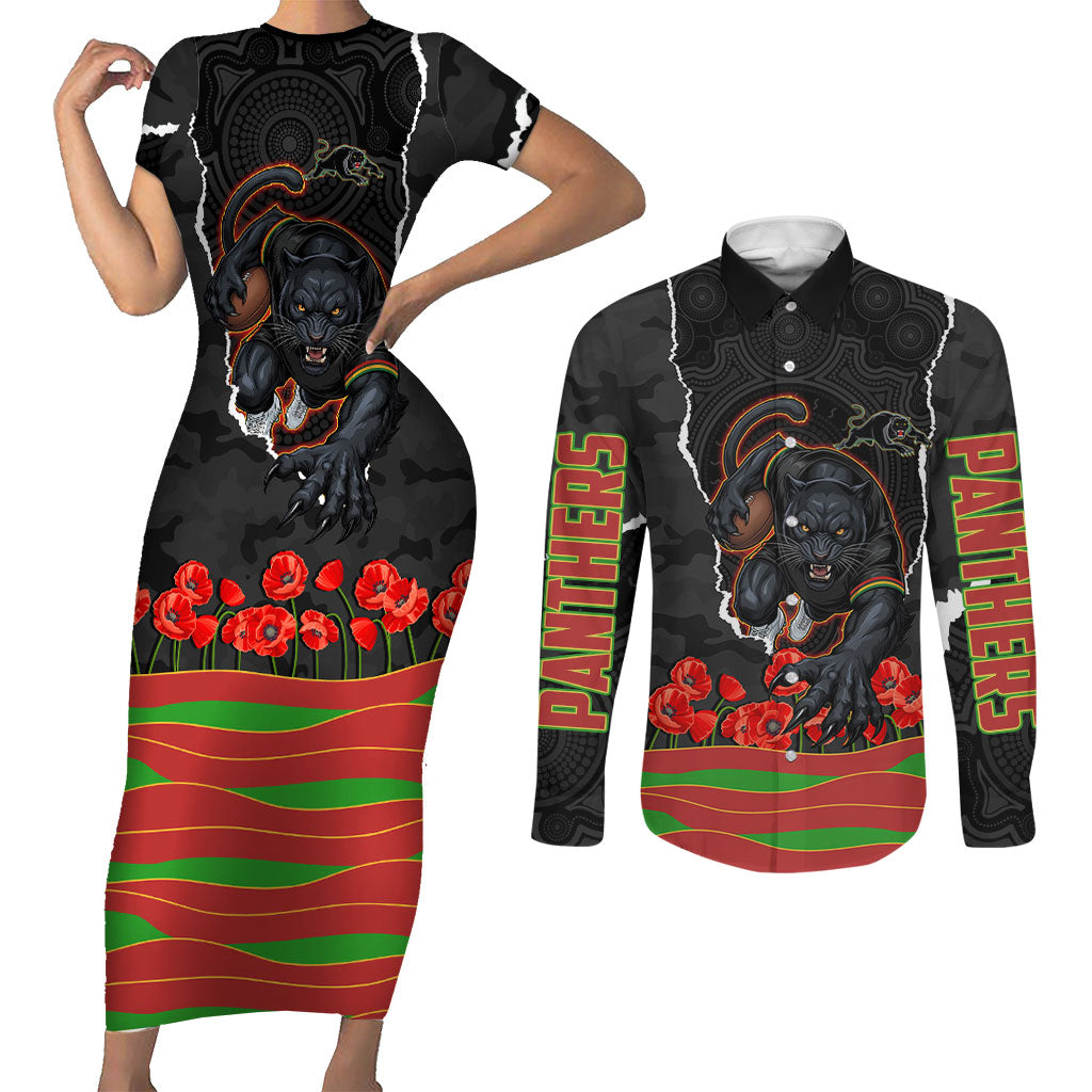 Personalized Penrith Panthers ANZAC Tribute Couples Matching Short Sleeve Bodycon Dress and Long Sleeve Button Shirt Poppy Field Soldier Silhouette Aboriginal Rugby Mascot