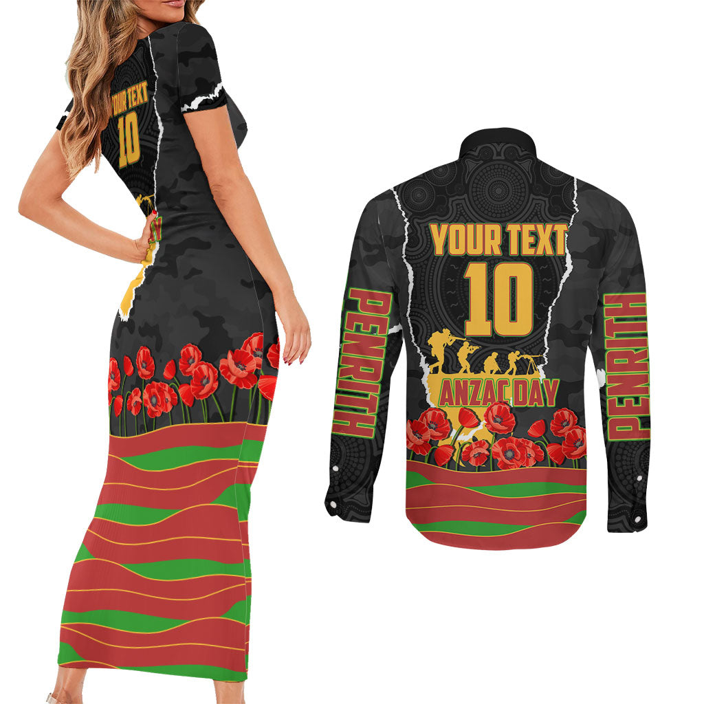 Personalized Penrith Panthers ANZAC Tribute Couples Matching Short Sleeve Bodycon Dress and Long Sleeve Button Shirt Poppy Field Soldier Silhouette Aboriginal Rugby Mascot