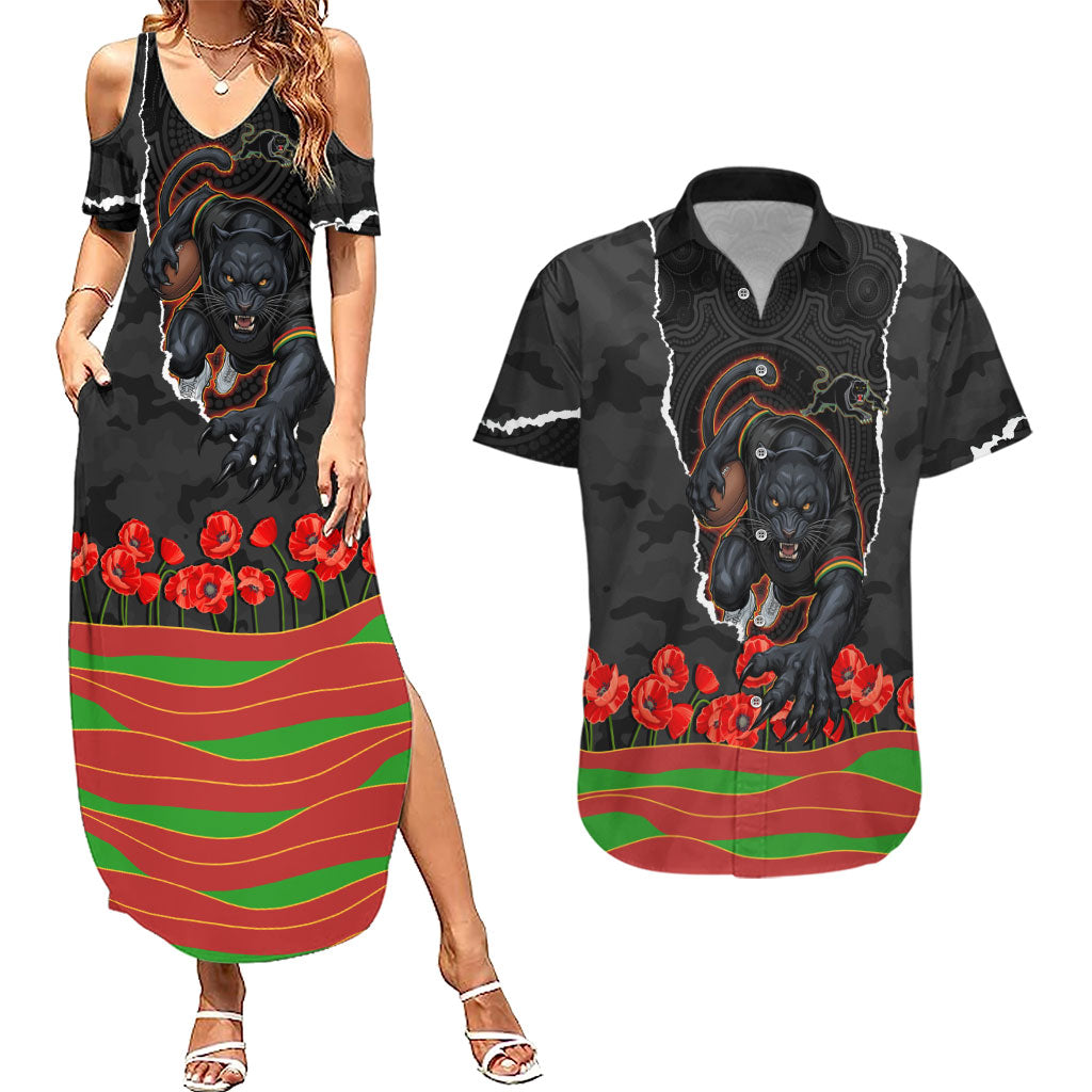 Personalized Penrith Panthers ANZAC Tribute Couples Matching Summer Maxi Dress and Hawaiian Shirt Poppy Field Soldier Silhouette Aboriginal Rugby Mascot