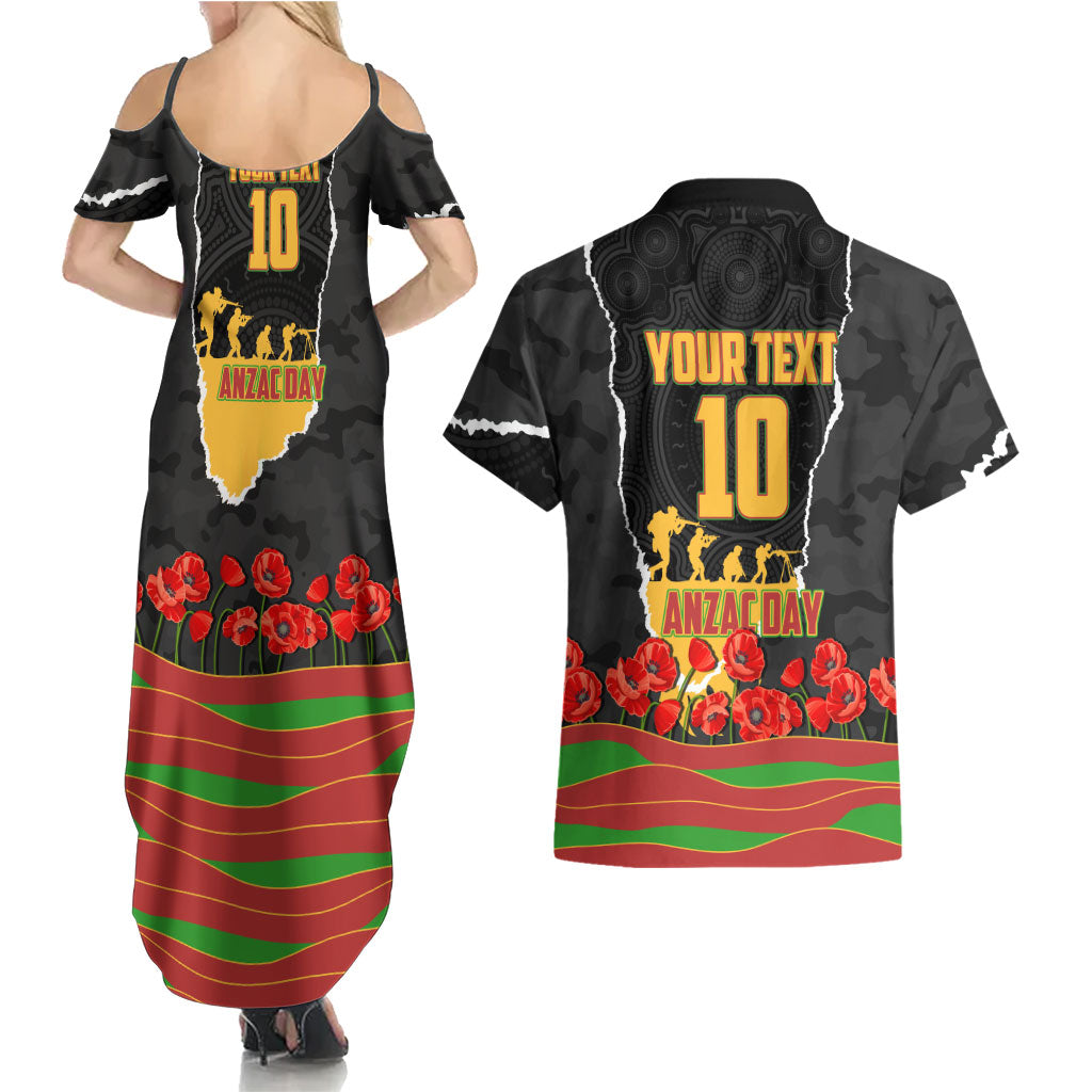 Personalized Penrith Panthers ANZAC Tribute Couples Matching Summer Maxi Dress and Hawaiian Shirt Poppy Field Soldier Silhouette Aboriginal Rugby Mascot