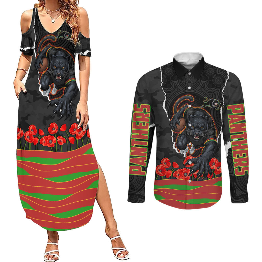Personalized Penrith Panthers ANZAC Tribute Couples Matching Summer Maxi Dress and Long Sleeve Button Shirt Poppy Field Soldier Silhouette Aboriginal Rugby Mascot
