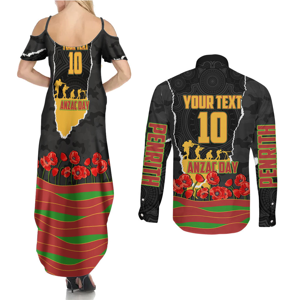 Personalized Penrith Panthers ANZAC Tribute Couples Matching Summer Maxi Dress and Long Sleeve Button Shirt Poppy Field Soldier Silhouette Aboriginal Rugby Mascot