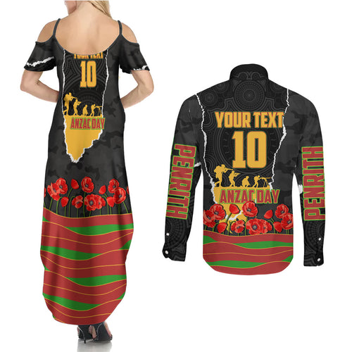 Personalized Penrith Panthers ANZAC Tribute Couples Matching Summer Maxi Dress and Long Sleeve Button Shirt Poppy Field Soldier Silhouette Aboriginal Rugby Mascot