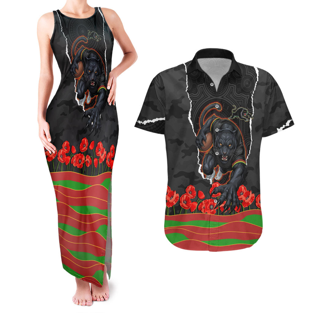 Personalized Penrith Panthers ANZAC Tribute Couples Matching Tank Maxi Dress and Hawaiian Shirt Poppy Field Soldier Silhouette Aboriginal Rugby Mascot