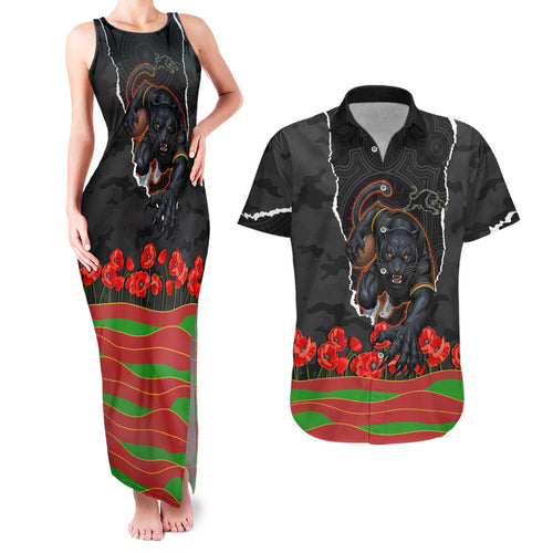 Personalized Penrith Panthers ANZAC Tribute Couples Matching Tank Maxi Dress and Hawaiian Shirt Poppy Field Soldier Silhouette Aboriginal Rugby Mascot