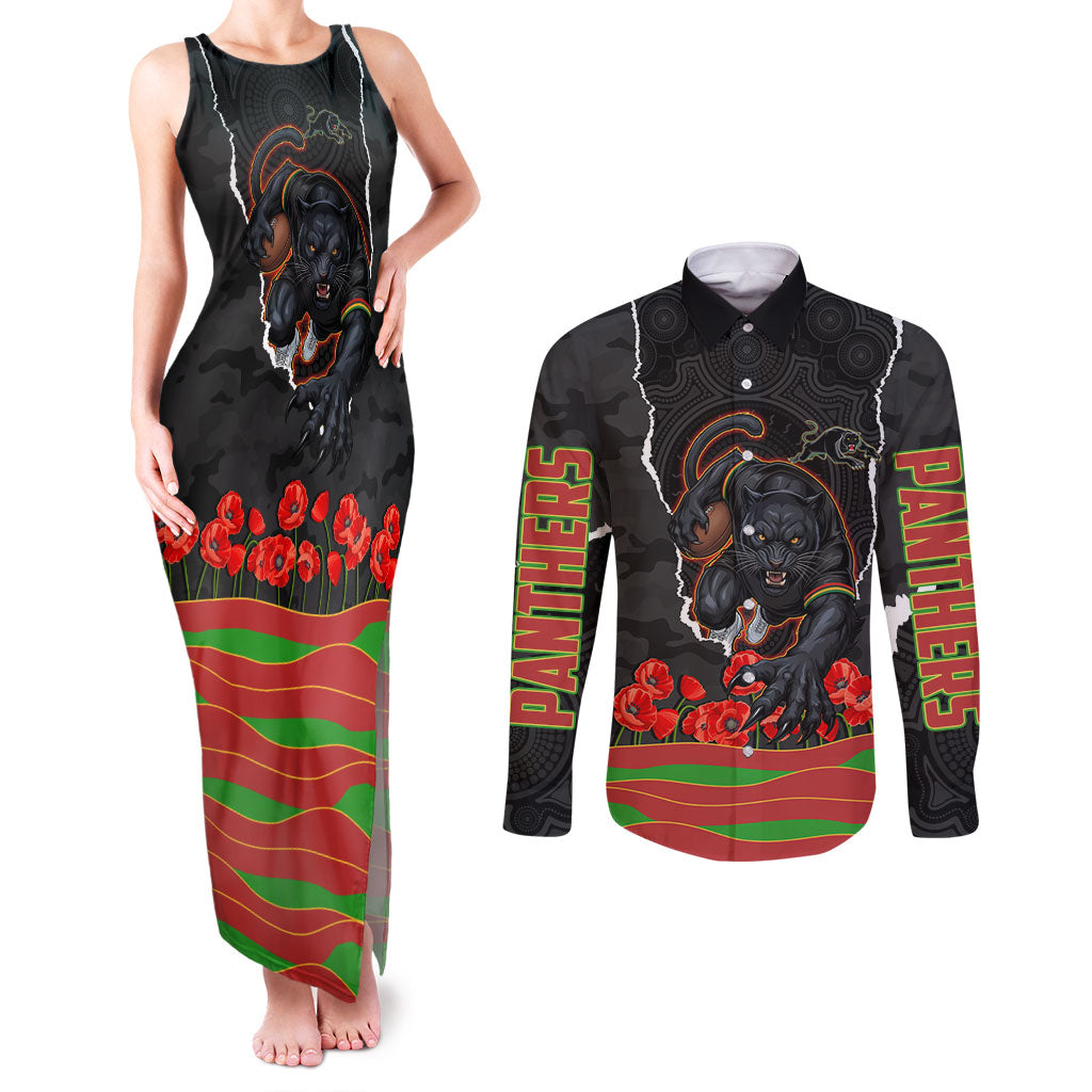 Personalized Penrith Panthers ANZAC Tribute Couples Matching Tank Maxi Dress and Long Sleeve Button Shirt Poppy Field Soldier Silhouette Aboriginal Rugby Mascot