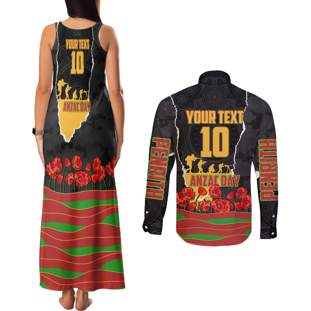 Personalized Penrith Panthers ANZAC Tribute Couples Matching Tank Maxi Dress and Long Sleeve Button Shirt Poppy Field Soldier Silhouette Aboriginal Rugby Mascot