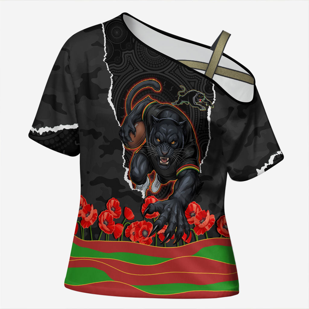 Personalized Penrith Panthers ANZAC Tribute Cross Shoulder Shirt Poppy Field Soldier Silhouette Aboriginal Rugby Mascot