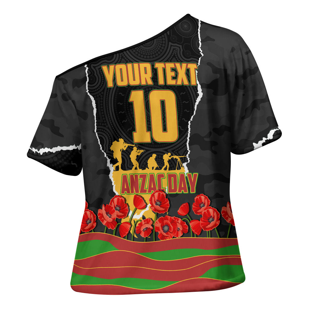 Personalized Penrith Panthers ANZAC Tribute Cross Shoulder Shirt Poppy Field Soldier Silhouette Aboriginal Rugby Mascot