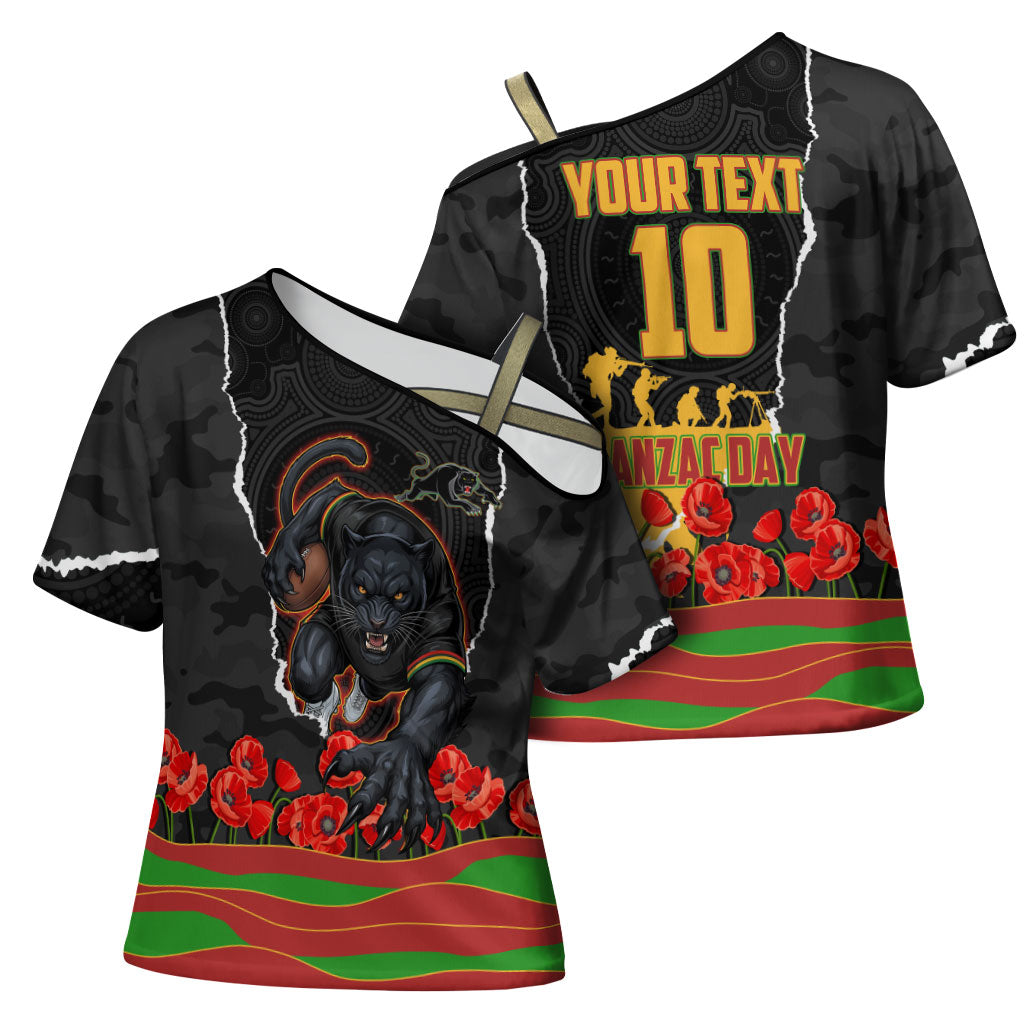 Personalized Penrith Panthers ANZAC Tribute Cross Shoulder Shirt Poppy Field Soldier Silhouette Aboriginal Rugby Mascot
