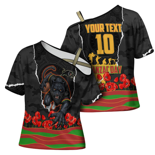 Personalized Penrith Panthers ANZAC Tribute Cross Shoulder Shirt Poppy Field Soldier Silhouette Aboriginal Rugby Mascot