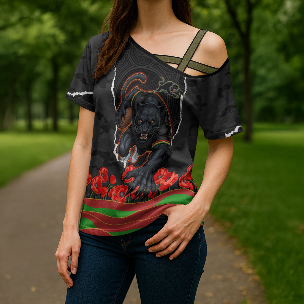 Personalized Penrith Panthers ANZAC Tribute Cross Shoulder Shirt Poppy Field Soldier Silhouette Aboriginal Rugby Mascot
