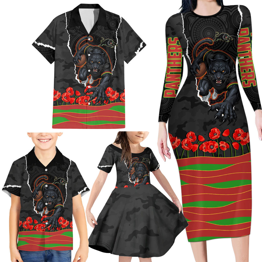 Personalized Penrith Panthers ANZAC Tribute Family Matching Long Sleeve Bodycon Dress and Hawaiian Shirt Poppy Field Soldier Silhouette Aboriginal Rugby Mascot