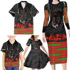 Personalized Penrith Panthers ANZAC Tribute Family Matching Long Sleeve Bodycon Dress and Hawaiian Shirt Poppy Field Soldier Silhouette Aboriginal Rugby Mascot